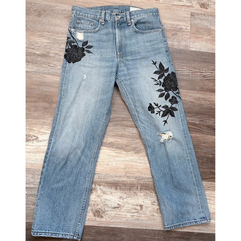 Rag & Bone high-rise crop straight denim jeans black floral embroidery sz 27